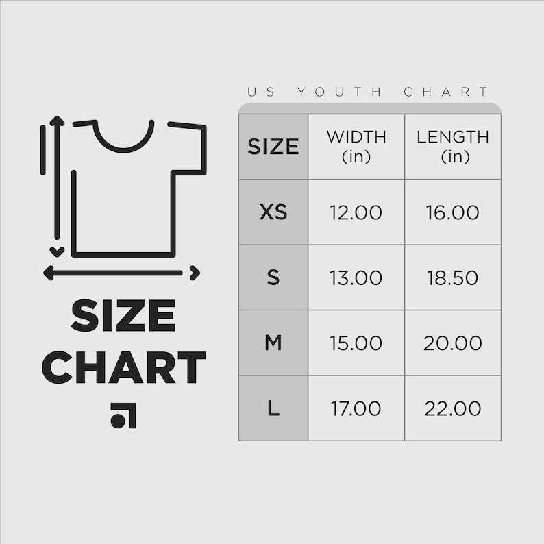 以下が含まれることがあります： アメリカのユースTシャツのサイズチャート。XS、S、M、Lのサイズについて、インチ単位の測定値を表示しています。シャツの幅と長さを記載しています。「SIZE CHART」の文字は太字の黒で表示されています。