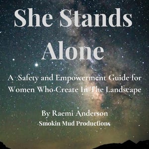 以下が含まれることがあります： 星空を背景にした本の表紙。「Where She Stands Alone」というタイトルが白で表示されています。女性のための安全とエンパワーメントガイドです。
