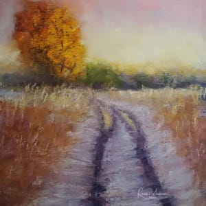 May include: An impressionistic landscape painting depicting a dirt track receding into the distance. The artwork presents an autumnal scene with a large tree in orange and yellow hues, and a pink and yellow sky.
