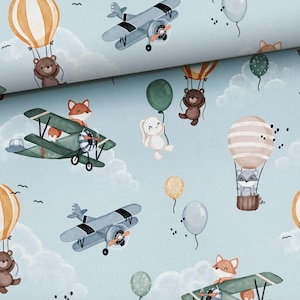 Woodland Sky Adventures Fabric - Planes Balloons Animals Kids - 164 cm (65”) Wide - French Terry - Crafts, Apparel, Accessories, Decor