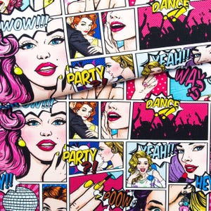 Comic Book Fabric - Funky Pop Art Retro Cartoon Preppy Dance Party Celebration - Crafts, Apparel, Accessories, Decor