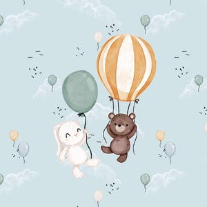Bunny and Bear Fabric Panel - Cute Sky Animals Pilot Dreamer Balloons - 16&quot; x 20&quot; (40 x 50 cm) - French Terry - Crafts, Apparel, Decor