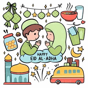 Clipart de Eid Al Adha dibujado a mano, papel digital sin costuras, imprimible para festivales islámicos, elementos de scrapbooking y pegatinas, descarga instantánea