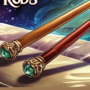 May include: Three wooden dowsing rods with green gemstone tips. The rods are crossed in the center and are resting on a sandy surface. The text "5 YES OR NO DOWSING RODS" is in the upper left corner of the image.
