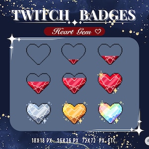 Pixel Heart Gem Twitch Sub Badges – Cute Crystal Bit Badges -Instant download.