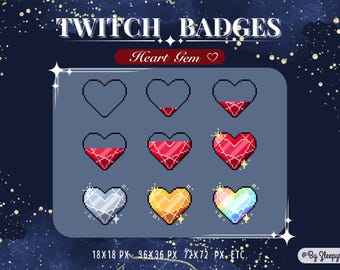 Pixel Heart Gem Twitch Sub Badges – Cute Crystal Bit Badges -Instant download.