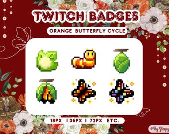 Pixel Twitch Sub Badges-Orange Butterfly Life Cycle -Instant download.