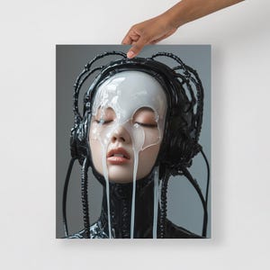 Cyber Latex Portrait – Futuristic AI Sexy Girl with Withe Liquid Mask on Face – Dark Sci-Fi Fetish Art Print