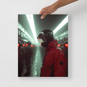 Cartaz Cyberpunk Industrial Futuro – Soldado Vermelho em Fábrica Distópica – Impressão de Arte de Parede de Ficção Científica com IA