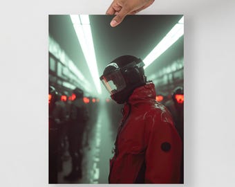 Future Industrial Cyberpunk Poster – Red Soldier in Dystopian Factory – AI Sci-Fi Wall Art Print
