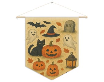Halloween Pennant Banner, Spooky Wall Hanging Decor, Haunted House Party Garland, Black Cat Holiday Bunting, Autumn Festive Decor