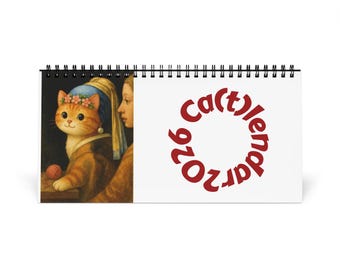 Puede incluir: Un calendario de escritorio con espiral que presenta una ilustración caprichosa de un gato con una corona de flores, al estilo de una pintura clásica. El calendario incluye el texto "Ca(t)lendar 2026" en un diseño circular a la derecha.