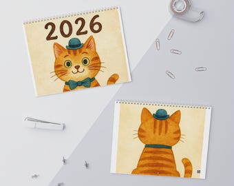 以下が含まれることがあります： 青い帽子と蝶ネクタイをつけたオレンジ色のトラ猫のイラストが描かれた、2026年のスパイラル綴じカレンダーが2つ。1つは猫の顔、もう1つは背中が描かれています。背景は薄いベージュ色です。