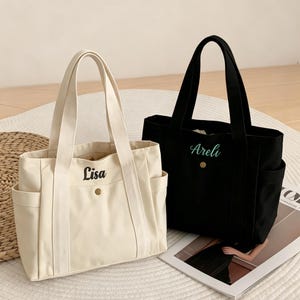 Bolsa de lona bordada personalizada, bolsa con cremallera y inicial personalizada, regalo diario para mujer