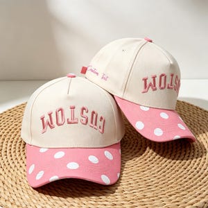 Custom Embroidered Trucker Cap, Upside Down Text, Polka Dot Brim, Y2K Style Hat