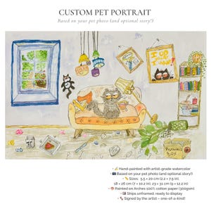 Aangepast huisdierportret – handgeschilderde aquarelkunst – gepersonaliseerde scène of verhaal – 100% katoenpapier – uniek cadeau voor dierenliefhebbers