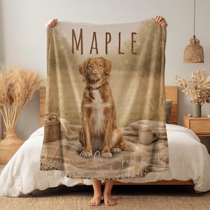 Custom Dog Photo Blanket, Pet Name Country Patchwork Oval Throw, Farmhouse Quilt Look Fleece, Heirloom Home Gift for Dog Moms