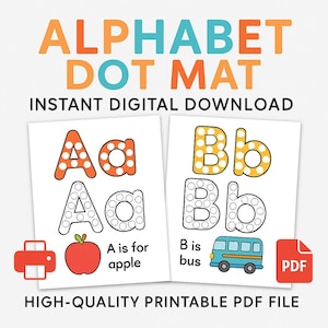 Peut inclure: Tableau de points de l'alphabet imprimable avec les lettres A et B. La lettre A est orange avec des points blancs, et la lettre B est jaune avec des points blancs. Comprend une illustration de pomme et de bus. Texte : "A is for apple" et "B is bus".