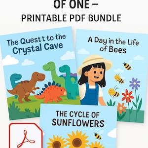 Può includere: Un pacchetto di tre libri di storie per bambini con illustrazioni colorate. I titoli includono "The Quest to the Crystal Cave", "A Day in the Life of Bees" e "The Cycle of Sunflowers". Disponibile come pacchetto PDF stampabile.