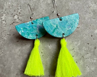 Sea Breeze - Light Blue with Neon Yellow Tassel Earrings, Lightweight Statement Earrings, Summer Earrings, Hand Painted Leather Earrings