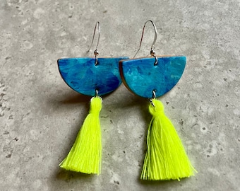 Sea Blue Earrings with Neon Yellow Tassel, Lightweight Statement Drop Earrings, Summer Earrings, Fun jewellery, Hand Painted Leather