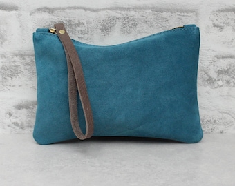 Handmade Petrol Teal Suede Wristlet Pouch | Soft Leather Cluch Bag - Patina Blue | Minimalist Everyday Pouch | British Made Gift for Her