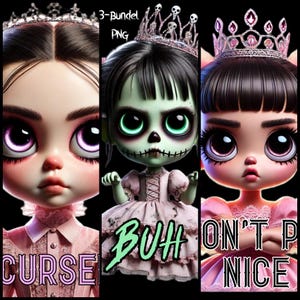 Creepy Princess Trio – 3 PNGs | Gruselig-süße Cartoon-Prinzessinnen – Dark Cute Clipart, Gothic Kawaii Art für Shirt, Tasse & Poster