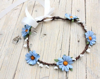 ETHERIAL Blue Daisies wreath - Daisies Flower Wreath Forest Tiara Woodland Crown Blue daiy flower Head wreath Headpiece Summer Rare crown