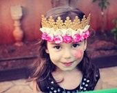 ANDRIA - Woodland Crown Gold Headpiece, Lace crown headband, suede tieback headband, photo prop, birthday crown Whimsical flower band halo