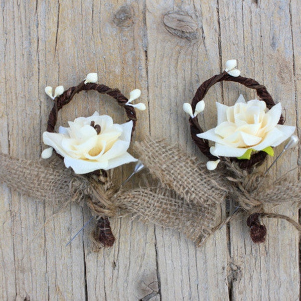 RUSTIC BURLAP BOUTONNIERES - Set of 2 Wedding Bouttonieres Buttonhole Rustic Burlap Flower- Men