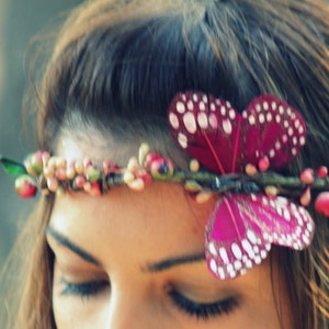 BUTTERFLY WREATH Garland - Headpiece with Vintage Lace and a mixture of berries, crown, halo, tiara, headband, woodland, forest