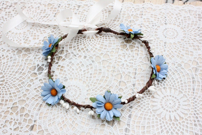 ETHERIAL Blue Daisies wreath Daisies Flower Wreath Forest Tiara Woodland Crown Blue daiy flower Head wreath Headpiece Summer Rare crown image 5