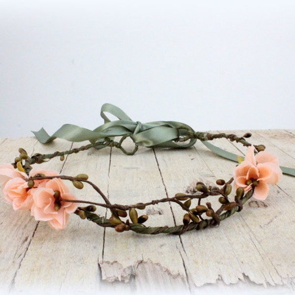 DAHLIA Peach Woodland Crown, Bridal Flower Crown, Woodland Boho Headpiece,Headband, Floral Headband, Flower Headpiece, Wedding Headpiece