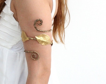 Gold CHALICE Upper Arm Cuff - Woodland Upper Arm Cuff, gold leafs, gold leaves, Flower Girls , Whimsical, Woodland forearm, Amazon cuff