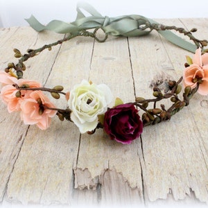 DAHLIA Peach Woodland Crown, Bridal Flower Crown, Woodland Boho Headpiece,Headband, Floral Headband, Flower Headpiece, Wedding Headpiece image 4