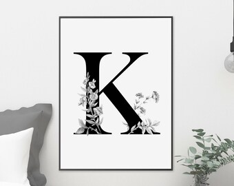 Name Initials Gift Monogram Letter Printable Wall Art Personalized Instant Download Bedroom Dorm Decor Student Botanical Scandinavian Design