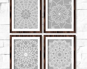 Geometric Mandala Floral Printable Wall Art Set of 4 -8x10- Gray Grey Instant Download Digital Print Livingroom Home Decor