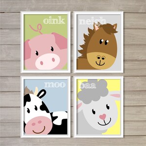 Farm Animals Nursery Printable Wall Art Set of 4 Cow Sheep Pig Horse - 8&quot;x10&quot; - Instant Download Baby Shower Gift Kids Room Digital Poster