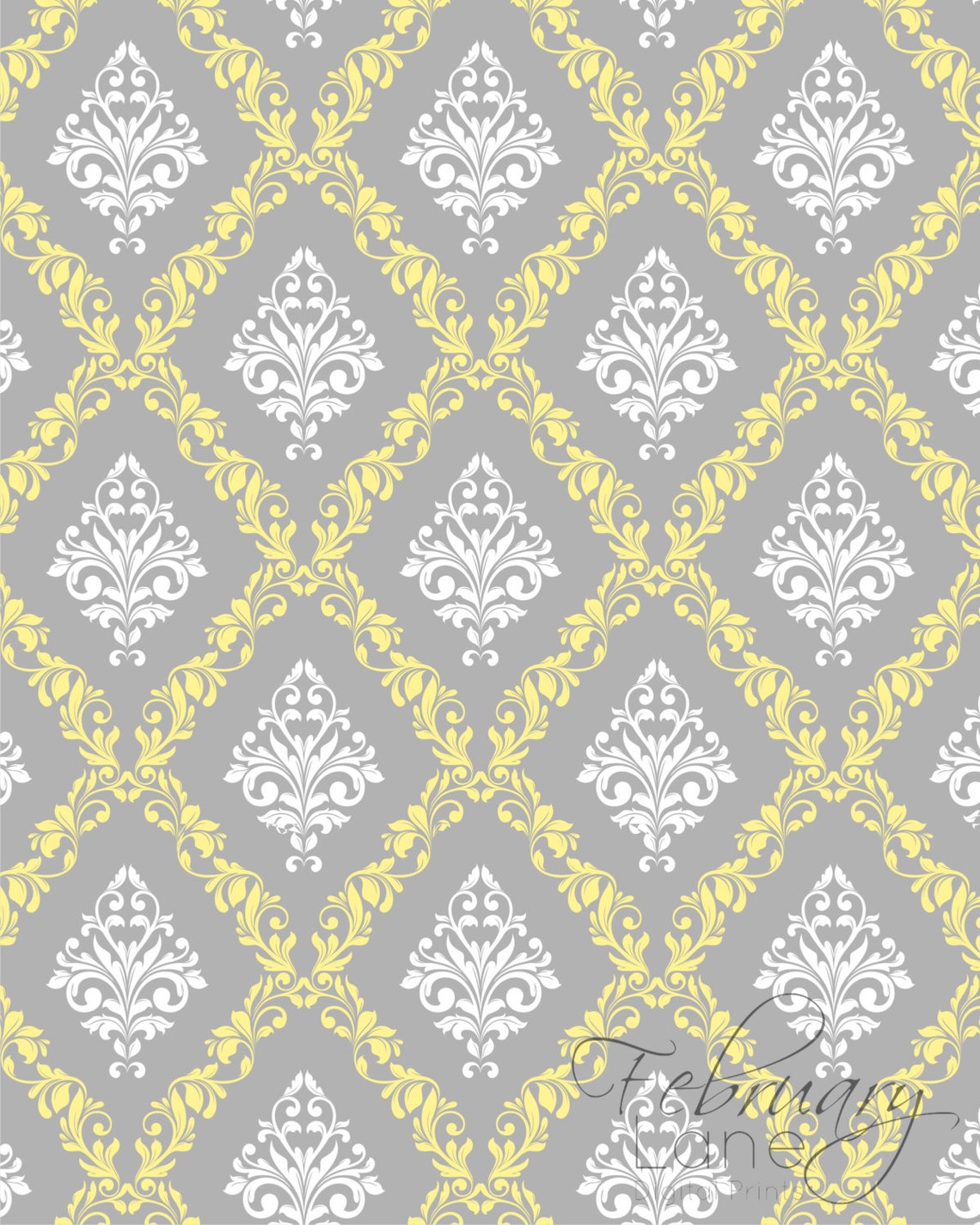 Damask Pattern Printable Wall Art Grey Yellow Set of 4 8x10 | Etsy