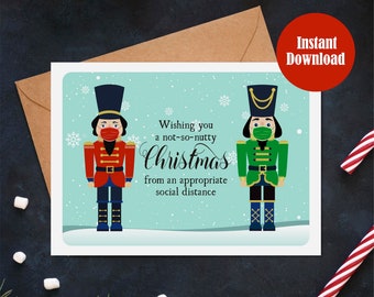Printable Funny Christmas Card Nutcrackers in Face Masks Download DIY Covid Social Distancing Hand Sanitizer Mask Last Minute Greeting Card