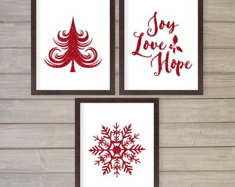 Christmas Glitters Set of 3 Wall Art Printable- 8x10 - Instant Download Christmas Tree Snowflake Holidays Winter December Snow Home Decor
