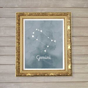 Gemini Zodiac Constellation Wall Art Printable 8x10 - Instant Download Birthday Horoscope Astrology Stars Watercolor Poster Home Room Decor