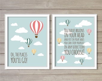 Hot Air Balloon Nursery Wall Art Set of 2 8x10 Oh, the Places You'll Go! Instant Download Digital Printable Baby Gift Decor Poster Print