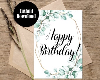 Printable Birthday Card Download Downloadable Birthday Greeting Card Printable Leaves Floral Last Minute Greeting Card Print at Home