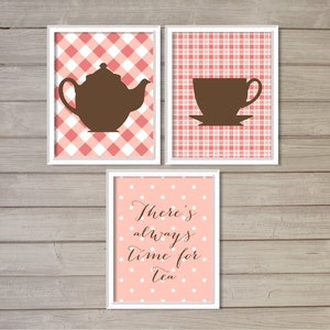 There&#39;s Always Time for Tea Kitchen Wall Art Printable- Set of 3 - Plaid Pink Checkers - 8x10 - Instant Download Pot Cup Poster Home Decor