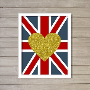 Liebe Union Jack Glitter Gold Herz -8 x 10-Instant Download druckbare Kinderzimmer Wand Kunst London England UK Englisch britische Flagge Zimmer Home Dekor