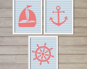 Nautical Nursery Pastels Printable - Light Blue & Pink - Set of 3 - 8x10 - Instant Download Sail Anchor Wheel Poster Nursery Decor Wall Art
