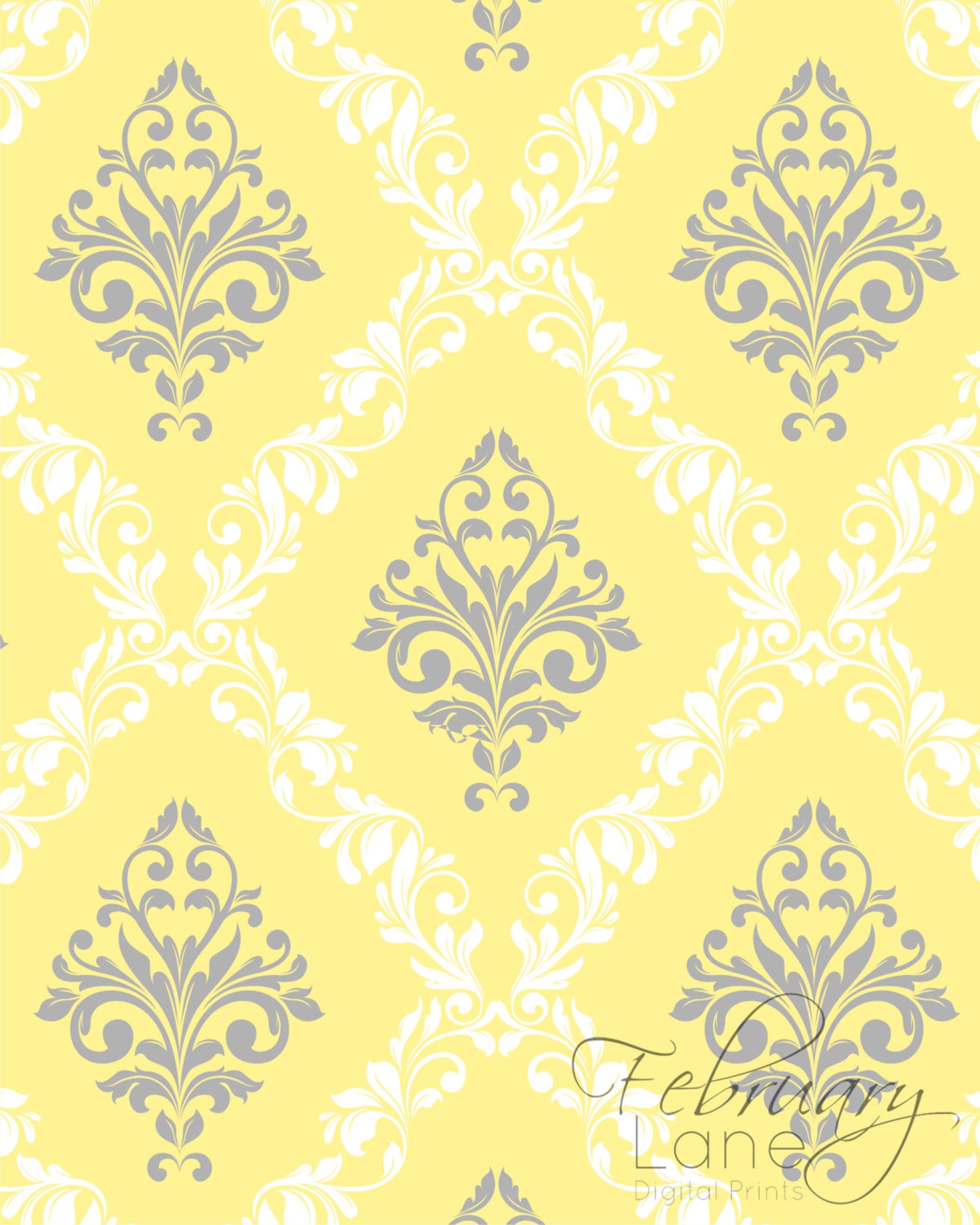 Damask Pattern Printable Wall Art Grey Yellow Set of 4 8x10 - Etsy