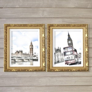 London in Watercolor (Set of 2) Wall Art Printable 8x10 - England River Thames Double Decker Bus Big Ben Instant Download Home Decor