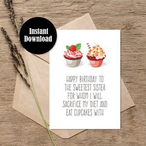 Carte d'anniversaire imprimable à télécharger, carte de voeux d'anniversaire pour soeur, carte d'anniversaire drôle, régime drôle, perte de poids, petit gâteau d'anniversaire, impression à la maison